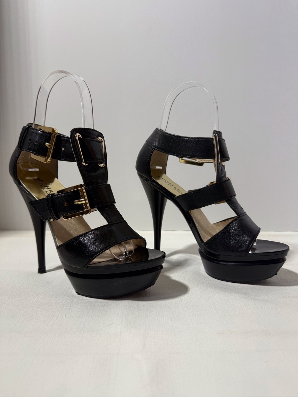 Michael Kors Gansevoort Black Leather Strappy Platform Stiletto Heels Size 5